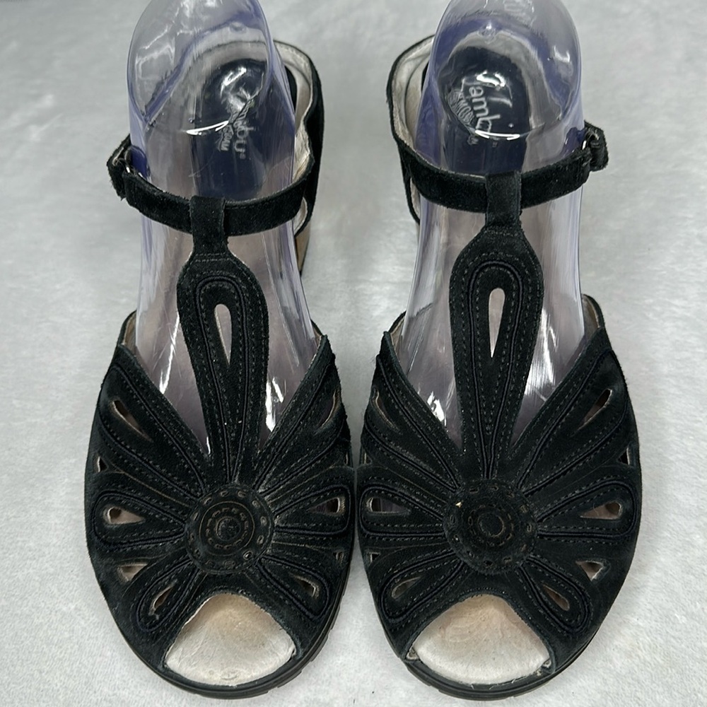 JAMBU Sahara Peep Toe Black Suede Leather Wooden Heel Clogs Sandals 11